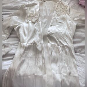 Linea Donatella "Mrs" satin wrap bridal robe in white with lace and embroidery